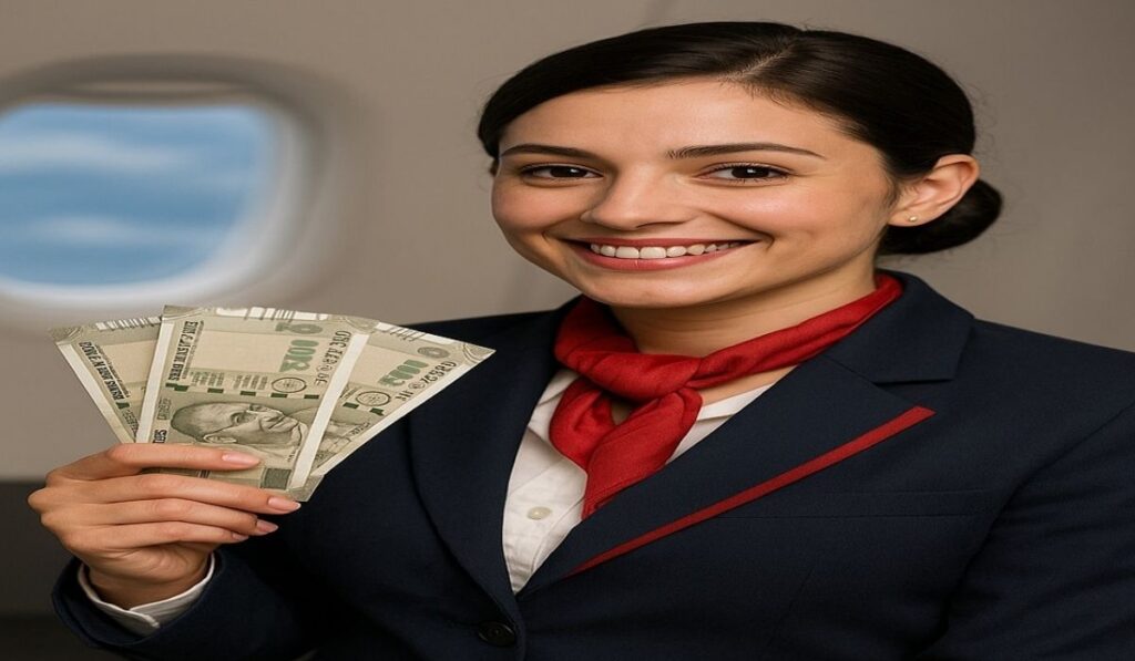 an air hostess smiling while holding indian cash