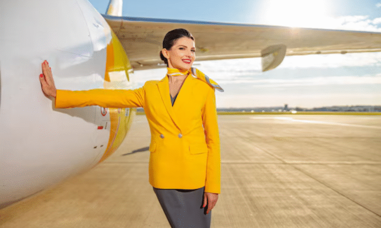 An Air Hostess wearing yellow dress standing in front of an aviation aircraft