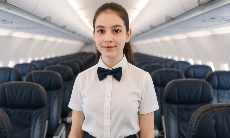 A young cabin crew is standing on a plane wearing white shirt
