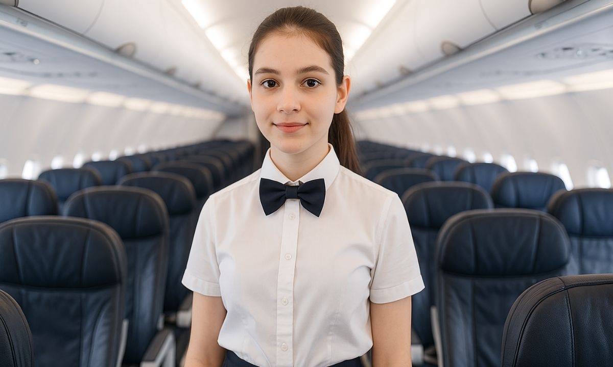 Noida 1 A young cabin crew is standing on a plane wearing white shirt
