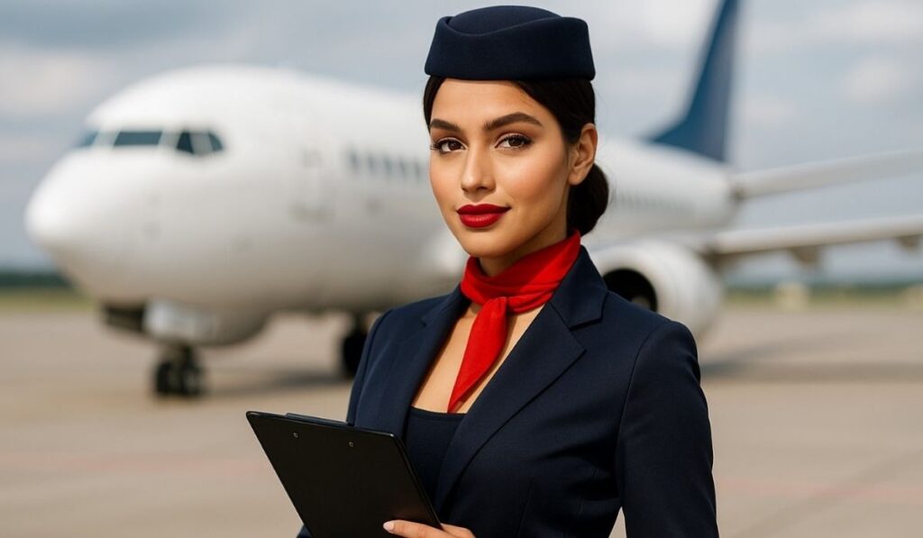 A young women is standing in front of plane and holding board for Airhostess or Cabin Crew Interview