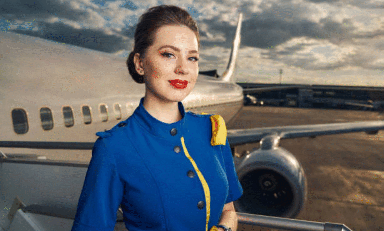 Does an air hostess get free travel? 3 Cabin crew in blue dress standing infront of an air plane