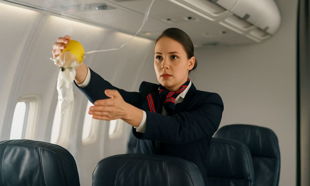 Here a cabin Crew demostration his role and responsiblity and she is performing one