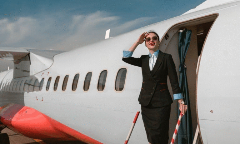 Does an air hostess get free travel? 2 Air hostess standing infront of air plane looking at the sky
