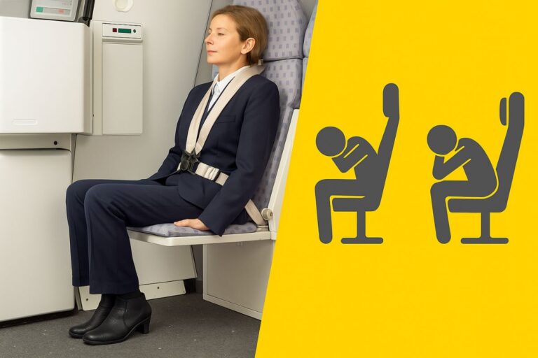 it showing a Air hostess sitting on a brace postion and in yellow image as we can see that all show demo for the passenger brace postion.