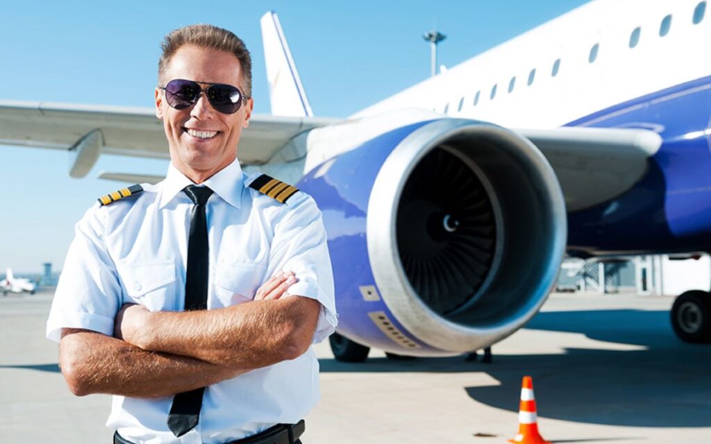 How much do pilots earn per month? 2 Pilot standing in front of airplane and wore sunglasses and smiling