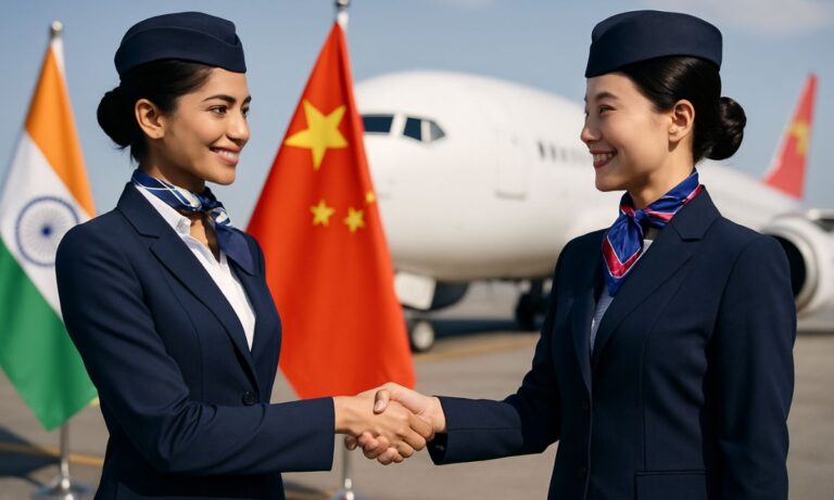 India and China cabin crew shake hands because they have resume flight again